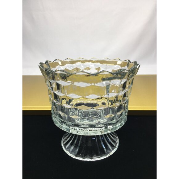Vintage Fostoria American Pedestal Compote Bowl Dish Clear Glass Cube Pattern - Picture 4 of 16